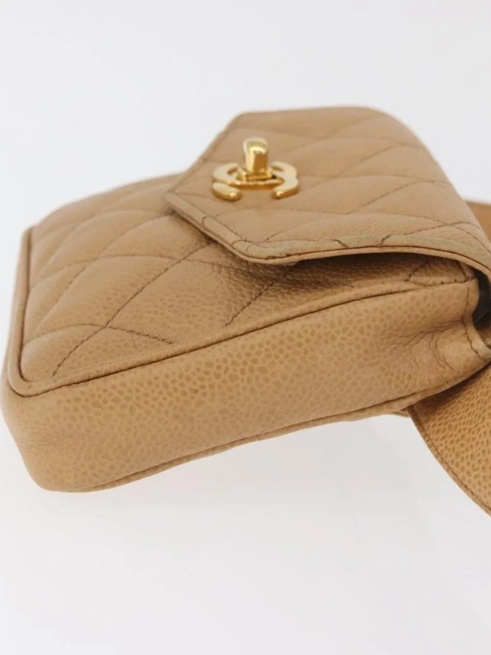CHANEL Matelasse Waist Bag Grained Calf Skin Beige Gold CC Auth BA12986V